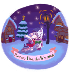 Size: 1144x1202 | Tagged: safe, artist:wizardwannabe, rarity, sweetie belle, pony, unicorn, g4, book, caroling, christmas, eyes closed, female, filly, happy, hearth's warming eve, holiday, lamppost, mare, singing, snow, stars
