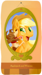 Size: 625x1105 | Tagged: safe, artist:wizardwannabe, applejack, winona, earth pony, pony, g4, face licking, female, frame, happy, licking, mare, tongue out