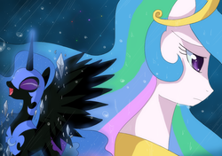 Size: 1024x720 | Tagged: dead source, safe, artist:loyaldis, nightmare moon, princess celestia, alicorn, pony, g4, duo, eyes closed, female, laughing, mare, open mouth, sad, smiling, standing