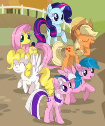 Size: 720x860 | Tagged: dead source, safe, artist:loyaldis, applejack (g1), firefly, posey, sparkler (g1), surprise, twilight, earth pony, pegasus, pony, unicorn, g1, g4, applejack's hat, cowboy hat, eyes closed, female, flying, g1 six, g1 to g4, happy, hat, horn, mare, raised hoof, smiling, spread wings, standing, wings
