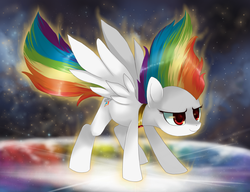 Size: 1559x1200 | Tagged: dead source, safe, artist:loyaldis, rainbow dash, pegasus, pony, g4, element of loyalty, female, frown, mare, smiling, solo, space, spread wings, standing, super rainbow dash, wings