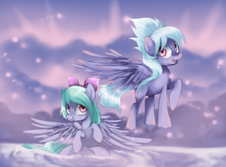 Size: 802x594 | Tagged: safe, artist:loyaldis, cloudchaser, flitter, pegasus, pony, g4, bow, duo, duo female, female, hair bow, happy, looking at you, mare, raised hoof, sisters, sitting, smiling, spread wings, standing, wings