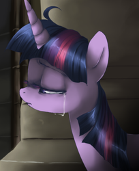 Size: 591x725 | Tagged: safe, artist:loyaldis, twilight sparkle, pony, unicorn, g4, bust, crying, female, mare, sad, solo