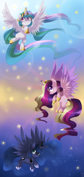 Size: 1372x2880 | Tagged: safe, artist:loyaldis, princess cadance, princess celestia, princess luna, alicorn, pony, g4, alicorn triarchy, female, filly, flying, happy, mare, princess, smiling, spread wings, wings, younger