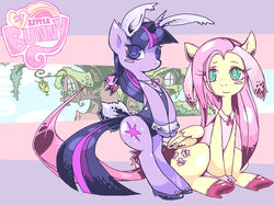 Size: 1024x768 | Tagged: safe, artist:moyamoya kuroi, fluttershy, twilight sparkle, pegasus, pony, unicorn, g4, bipedal, blush sticker, blushing, bunny ears, bunny suit, bunny tail, bunnyshy, clothes, cufflinks, cuffs (clothes), duo, female, folded wings, golden oaks library, high heels, hoof shoes, lantern, leotard, looking at you, mare, pixiv, shoes, sitting, standing, tail, unicorn twilight, wings