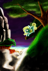 Size: 1368x2000 | Tagged: safe, artist:chaosdrop, oc, oc only, oc:morningdew, bird, earth pony, pony, earth pony oc, face down ass up, female, filly, flower, looking down, mountain, scenery, smiling, solo, sun, tree