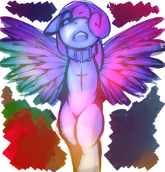 Size: 1280x1336 | Tagged: safe, artist:florecentmoo, sweetie belle, pony, g4, bipedal, collar, female, filly, floppy ears, frown, looking at you, open mouth, sadistic sweetie belle, sadisweetie, scar, simple background, solo, white background, wings