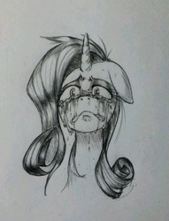 Size: 655x859 | Tagged: safe, artist:discommunicator, rarity, pony, unicorn, g4, bust, crying, female, floppy ears, frown, grayscale, gritted teeth, looking at you, mare, monochrome, pencil drawing, portrait, sad, solo, traditional art