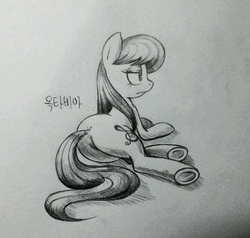 Size: 837x796 | Tagged: safe, artist:discommunicator, octavia melody, earth pony, pony, g4, butt, female, frown, grayscale, mare, monochrome, pencil drawing, plot, prone, rear view, solo, traditional art, underhoof