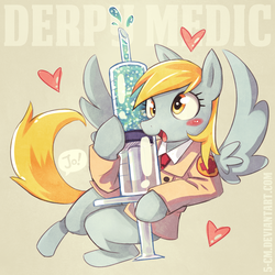 Size: 1000x1000 | Tagged: safe, artist:5-cm, artist:jopiter, derpy hooves, pegasus, pony, g4, blushing, crossover, cute, derpabetes, female, giant syringe, happy, heart, hoof hold, looking at you, mare, medic, medic (tf2), necktie, smiling, solo, speech bubble, spread wings, syringe, team fortress 2, wings