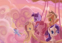 Size: 3838x2675 | Tagged: dead source, safe, artist:iamthecowboysmuggler, applejack, fluttershy, pinkie pie, rainbow dash, rarity, twilight sparkle, earth pony, pegasus, pony, unicorn, g4, cloud, cloudy, cute, cute six, dashabetes, diapinkes, eyes closed, female, flying, freckles, hanging, hat, high res, hot air balloon, jackabetes, looking at you, looking back, mane six, mare, open mouth, raribetes, shyabetes, signature, sky, smiling, spread wings, twiabetes, twinkling balloon, wings