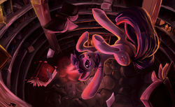 Size: 3600x2200 | Tagged: safe, artist:iamthecowboysmuggler, twilight sparkle, pony, unicorn, g4, book, color porn, cute, falling, female, golden oaks library, happy, high res, levitation, library, magic, mare, open mouth, smiling, solo, telekinesis, twiabetes, underhoof
