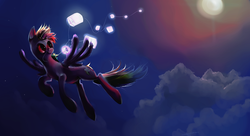 Size: 3400x1850 | Tagged: dead source, safe, artist:iamthecowboysmuggler, rainbow dash, pegasus, pony, g4, cloud, female, flying, lantern, looking back, mare, moon, mouth hold, night, sky, solo, spread wings, stars, wings