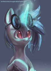 Size: 764x1060 | Tagged: safe, artist:iamthecowboysmuggler, dj pon-3, vinyl scratch, pony, unicorn, g4, bust, cute, female, glowing horn, gradient background, horn, magic, mare, raised hoof, red eyes, smiling, solo, sunglasses, wrong eye color