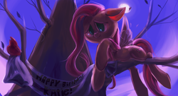 Size: 3400x1850 | Tagged: safe, artist:iamthecowboysmuggler, fluttershy, bird, pegasus, pony, g4, banner, female, floppy ears, looking at you, mare, moon, perspective, smiling, solo focus, spread wings, tree, tree branch, wings