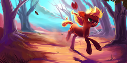 Size: 4000x2000 | Tagged: safe, artist:iamthecowboysmuggler, applejack, earth pony, pony, g4, backlighting, female, floppy ears, forest, freckles, hat, high res, looking at you, mare, running, smiling, solo, tree