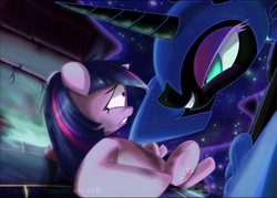Size: 2289x1638 | Tagged: safe, artist:zymonasyh, nightmare moon, twilight sparkle, alicorn, pony, unicorn, friendship is magic, g4, bad end, duo, evil smile, eye contact, female, looking at each other, mare, on back, scared
