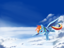 Size: 1229x922 | Tagged: safe, artist:zymonasyh, rainbow dash, pegasus, pony, g4, cloud, cloudy, female, flying, mare, sky, solo