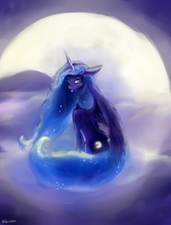 Size: 831x1091 | Tagged: safe, artist:rikkutakedo, princess luna, alicorn, pony, g4, cloud, female, floppy ears, glowing cutie mark, looking at you, looking back, mare, moon, night, sitting, solo, tongue out