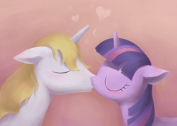 Size: 2000x1420 | Tagged: dead source, safe, artist:bluedrg19, prince blueblood, twilight sparkle, pony, unicorn, g4, blushing, duo, eyes closed, female, floppy ears, heart, kiss on the lips, kissing, love, male, mare, ship:twiblood, shipping, stallion, straight