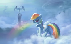 Size: 1280x800 | Tagged: safe, artist:bluedrg19, rainbow dash, pegasus, pony, bedroom eyes, butt, cloud, cloudsdale, cloudy, female, looking at you, looking back, looking back at you, mare, on a cloud, plot, rainbow, raised hoof, smiling, smirk, solo, spread wings, standing on a cloud, statue, wings