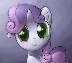 Size: 1370x1200 | Tagged: safe, artist:bluedrg19, sweetie belle, pony, unicorn, g4, blushing, c:, cute, diasweetes, female, filly, floppy ears, gradient background, happy, looking at you, smiling, solo
