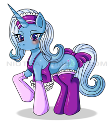 Size: 554x625 | Tagged: dead source, safe, artist:niutea, trixie, pony, unicorn, g4, blushing, bow, clothes, female, maid, mare, simple background, solo, tail, tail bow, watermark