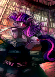 Size: 1240x1753 | Tagged: dead source, safe, artist:ouroporos, twilight sparkle, pony, unicorn, g4, book, female, library, mare, pile, quill, sitting, solo