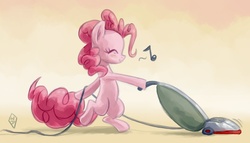 Size: 978x560 | Tagged: safe, artist:whitediamonds, pinkie pie, earth pony, pony, g4, bipedal, cute, diapinkes, eyes closed, female, happy, mare, music notes, solo, vacuum cleaner