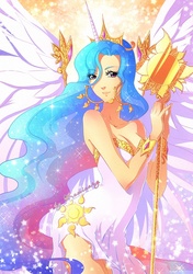 Size: 705x1000 | Tagged: dead source, safe, artist:kaminary-san, princess celestia, human, g4, big breasts, blue hair, bracelet, breasts, cleavage, clothes, dress, earring, eyelashes, female, green hair, horn, horned humanization, humanized, light skin, long hair, looking at you, looking forward, multicolored hair, pink hair, scepter, smiling, solo, spread wings, staff, standing, winged humanization, wings