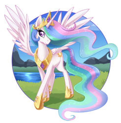 Size: 900x916 | Tagged: safe, artist:metalpandora, princess celestia, alicorn, pony, g4, abstract background, crown, cute, cutelestia, female, hoof shoes, jewelry, lake, mare, partial background, princess, regalia, river, simple background, solo, spread wings, transparent background, wings