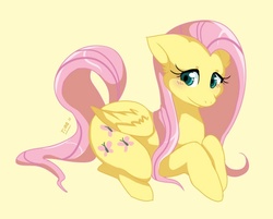Size: 568x457 | Tagged: safe, artist:mr-tiaa, fluttershy, pegasus, pony, g4, blushing, female, floppy ears, happy, mare, prone, simple background, solo