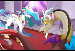 Size: 1002x680 | Tagged: dead source, safe, artist:mr-tiaa, discord, princess celestia, alicorn, draconequus, pony, g4, angry, duo, ears back, female, mare