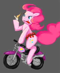 Size: 700x859 | Tagged: safe, artist:diasfox, pinkie pie, earth pony, pony, g4, dynamite, female, fire, lighter, mare, motorcycle, mouth hold, pyro, pyropinkie, riding, simple background, solo, this will end in tears