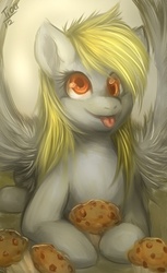 Size: 406x665 | Tagged: safe, artist:mr-tiaa, derpy hooves, pegasus, pony, g4, female, happy, mare, muffin, prone, solo, spread wings, tongue out, wings