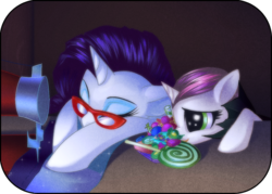 Size: 700x500 | Tagged: dead source, safe, artist:rizcifra, rarity, sweetie belle, pony, unicorn, g4, belle sisters, candy, clothes, costume, duo, fabric, female, filly, glasses, lollipop, mare, nightmare night, nightmare night costume, rarity's glasses, sewing machine, siblings, sisters, sleeping