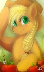 Size: 405x665 | Tagged: safe, artist:mr-tiaa, applejack, earth pony, pony, worm, g4, apple, female, hat, heart, looking at you, mare, monocle, smiling, solo, top hat