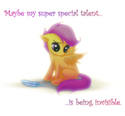 Size: 563x525 | Tagged: safe, artist:rizcifra, scootaloo, pegasus, pony, g4, feather, female, filly, floppy ears, implied rainbow dash, looking down, oh it is sad day, sad, scootalone, scootaloo can't fly, simple background, sitting, solo, spread wings