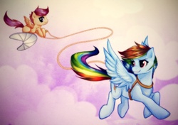 Size: 1000x704 | Tagged: safe, artist:rizcifra, rainbow dash, scootaloo, pegasus, pony, g4, female, filly, flying, harness, mare, rope, scootaloo can't fly, scootalove, sky, tack, talespin, trapeze