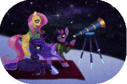 Size: 750x500 | Tagged: dead source, safe, artist:rizcifra, fluttershy, princess luna, twilight sparkle, alicorn, pegasus, pony, unicorn, g4, animated, astronomy, both cutie marks, bottomless, clothes, crown, female, flowing mane, flying, gif, jewelry, lying down, mare, night, partial nudity, princess, quilt, raised hoof, regalia, scarf, snow, snowfall, stargazing, stars, sweater, sweatershy, telescope, trio, unicorn twilight, wavy mane, winter