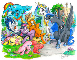Size: 900x703 | Tagged: safe, artist:andy price, applejack, fluttershy, pinkie pie, princess celestia, princess luna, rainbow dash, rarity, spike, twilight sparkle, alicorn, dragon, earth pony, pegasus, pony, unicorn, g4, armpits, blanket, crying, faic, female, gritted teeth, lip bite, male, mane seven, mane six, mare, open mouth, princess, royal sisters, scared, siblings, sisters, sitting, spread wings, surprised, traditional art, traditional royal canterlot voice, underhoof, wind, windswept mane, wink, yelling