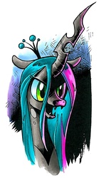 Size: 641x1128 | Tagged: safe, artist:andypriceart, queen chrysalis, changeling, changeling queen, g4, bust, crown, fangs, female, frown, jewelry, open mouth, portrait, regalia, smiling, solo, traditional art