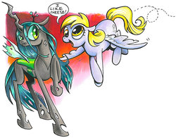 Size: 900x705 | Tagged: safe, artist:andypriceart, derpy hooves, queen chrysalis, changeling, changeling queen, pegasus, pony, g4, cheeselegs, cute, cutealis, female, flying, mare, unamused