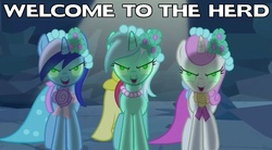 Size: 848x467 | Tagged: safe, edit, edited screencap, screencap, lyra heartstrings, minuette, twinkleshine, pony, unicorn, a canterlot wedding, g4, season 2, all caps, background pony, brainwashed, bridesmaid dress, caption, clothes, crystal caverns, dress, female, image macro, looking at you, mare, mind control, scary eyes, text, welcome to the herd