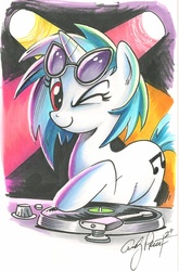 Size: 993x1504 | Tagged: safe, artist:andypriceart, dj pon-3, vinyl scratch, pony, unicorn, g4, female, mare, record, red eyes, solo, sunglasses, traditional art, turntable, wink, wrong eye color