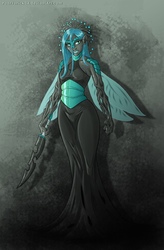 Size: 904x1380 | Tagged: dead source, safe, artist:pooryorick, queen chrysalis, changeling, human, g4, abstract background, female, humanized, pony coloring, solo, standing, sword, weapon, winged humanization, wings