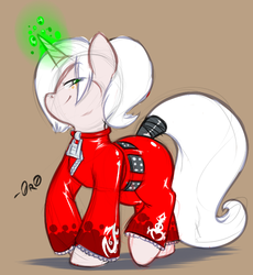 Size: 552x601 | Tagged: safe, artist:0r0ch1, pony, unicorn, ash crimson, clothes, female, glowing horn, horn, king of fighters, ponified, simple background, snk, solo, tail wrap