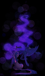 Size: 700x1193 | Tagged: safe, artist:cosmicunicorn, princess luna, twilight sparkle, alicorn, pony, unicorn, g4, black background, bokeh, crown, duo, ears back, ethereal mane, ethereal tail, eyes closed, eyeshadow, female, flying, glowing, glowing cutie mark, glowing mane, glowing tail, jewelry, kissing, lesbian, makeup, mare, regalia, ship:twiluna, shipping, simple background, sitting, spread wings, starry mane, starry tail, tail, tiara, unicorn twilight, wings