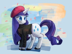 Size: 1100x825 | Tagged: safe, artist:terrac0tta, rarity, pony, unicorn, g4, abstract background, alternate hairstyle, beatnik rarity, beret, clothes, female, hat, looking back, mare, solo, sweater