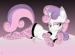 Size: 3072x2304 | Tagged: safe, artist:v-d-k, sweetie belle, pony, unicorn, g4, bedroom eyes, clothes, female, filly, high res, older, older sweetie belle, prone, sexy, socks, solo, stupid sexy sweetie belle